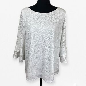 Roz & Ali Gray Ruffled 3/4 Sleeve white lace Blouse top XL